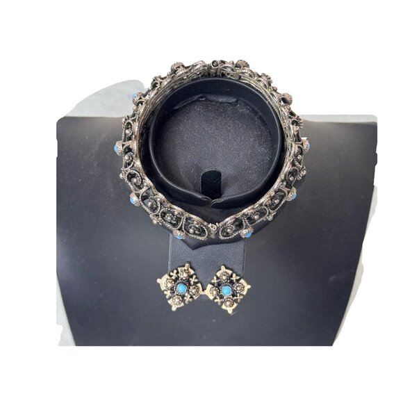 Vtg Silver Filigree Bracelet Turquoise & Clip-On Earrings Set Blue Safety Chain - Picture 2 of 10